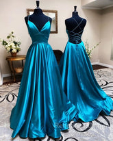 A Line Stretch Satin Emerald Green Semi Formal Prom Dresses Spaghetti Straps V Neck Dress